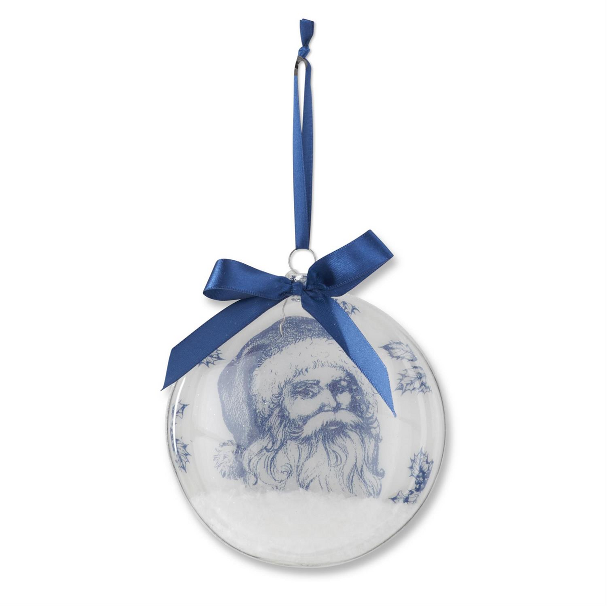 5.5 inch clear glass disc ornament with blue Santa illustration, snow filling, and a blue satin bow.