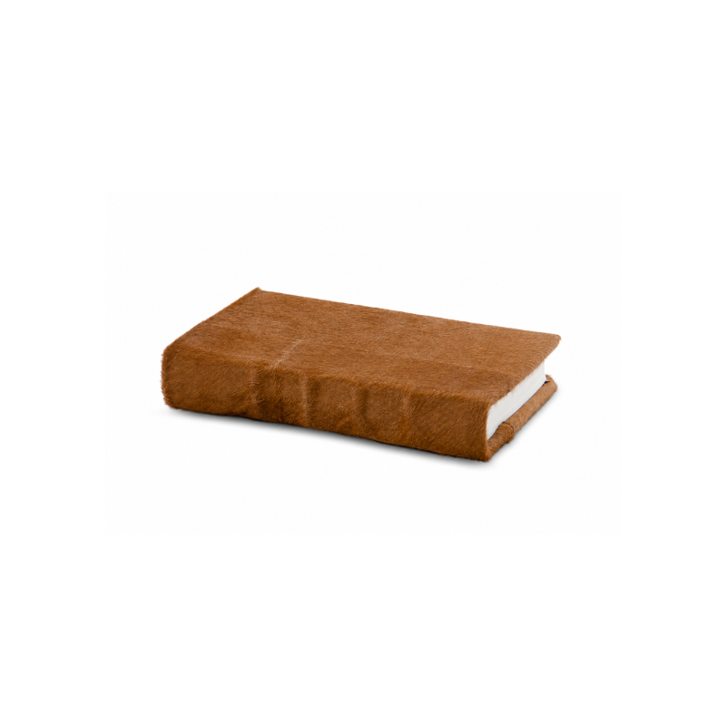 Tan hide journal with a textured brown fur cover and white unlined pages.