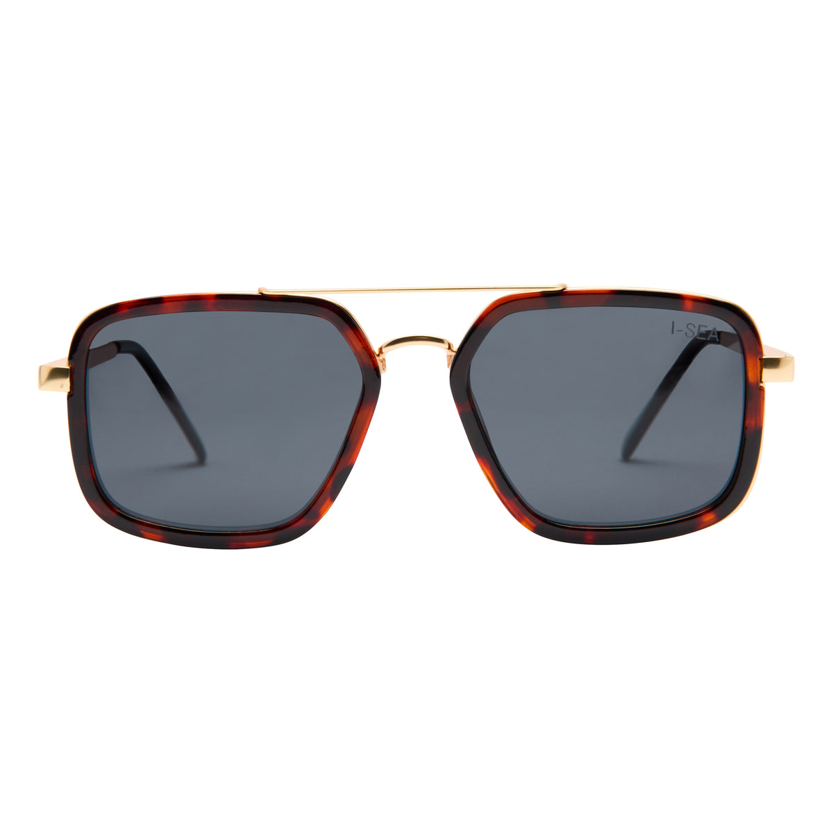 Cruz sunglasses with tortoise shell frames, gold metal bridge, and smoke polarized lenses.
