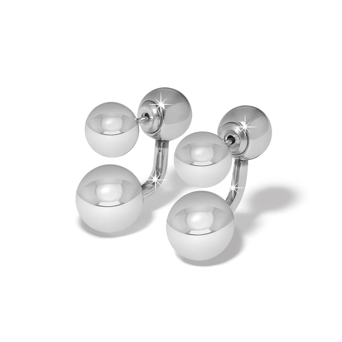 Silver plated reversible post drop earrings with a petite sphere silhouette.