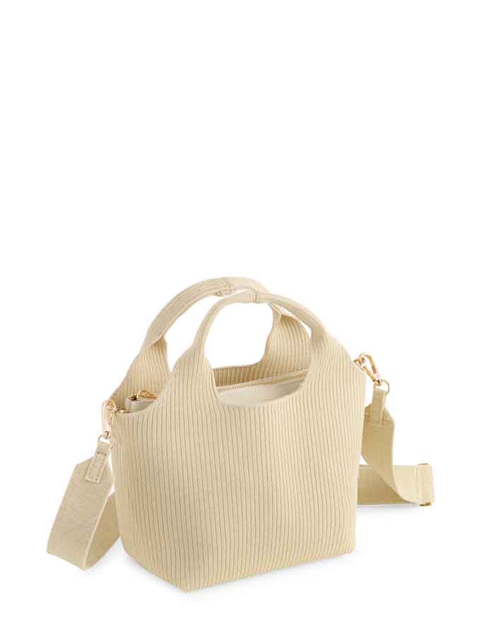 Robbie Mini Tote in cream ribbed knit with double top handles and a detachable crossbody strap.