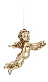 Gold cherub ornament in a flying pose with wings, hanging from a thin string.