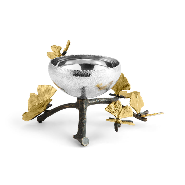 Butterfly Ginkgo Nut Dish with a textured stainless steel bowl on an oxidized brass branch base.