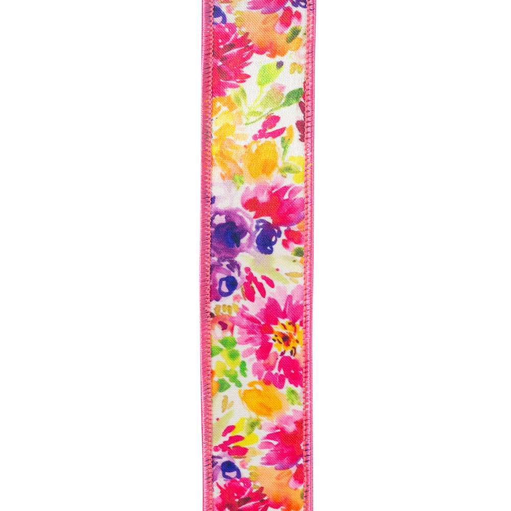 A roll of 1-1/2 inch wired edge floral patterned polyester ribbon in a soft pastel hue.