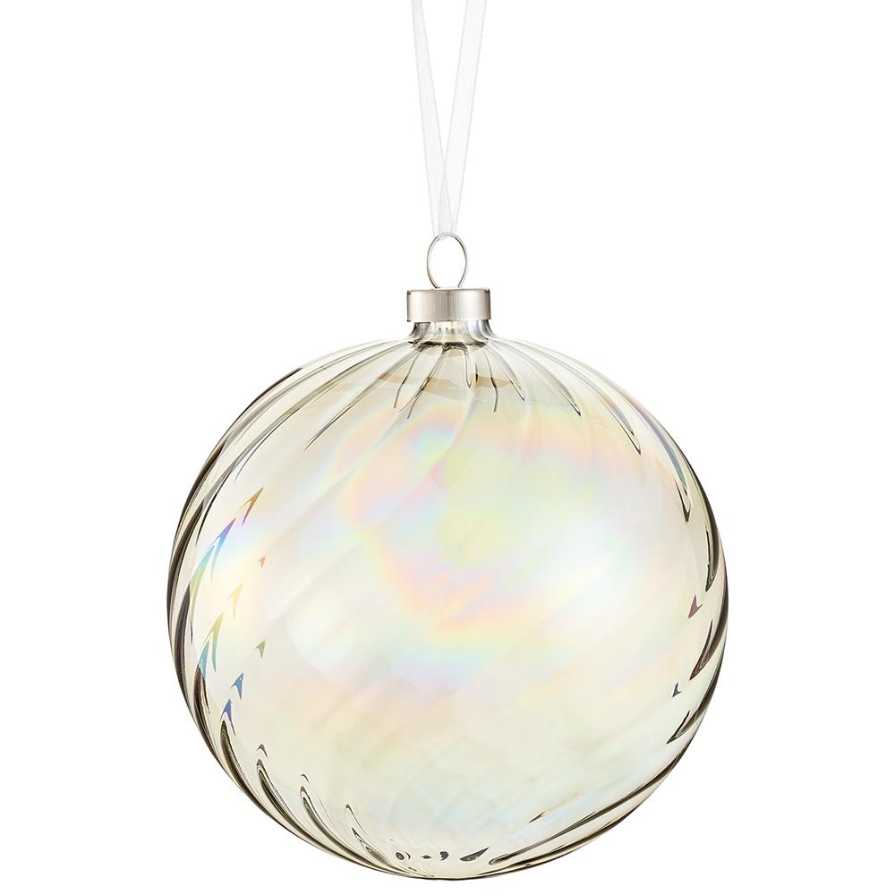 4.75-inch gray iridescent glass ball ornament with a swirled texture and silver cap.