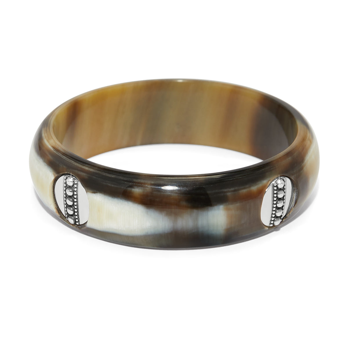 Pretty Tough Geo brown buffalo horn bangle with silver plated beaded accents.