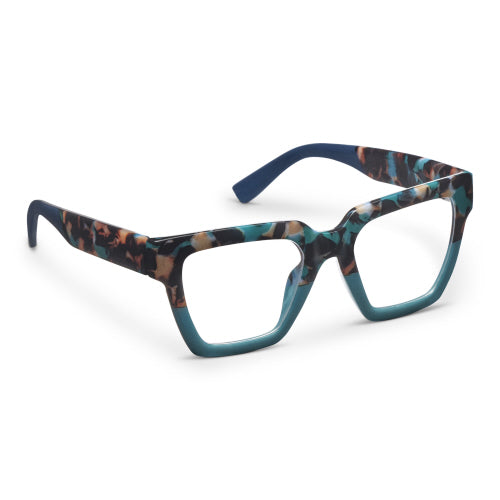 Take A Bow eyeglasses with bold blue frame featuring animal print temples.
