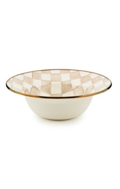Mocha Check Serving Bowl with a wide rim and a brown and white checkered pattern.