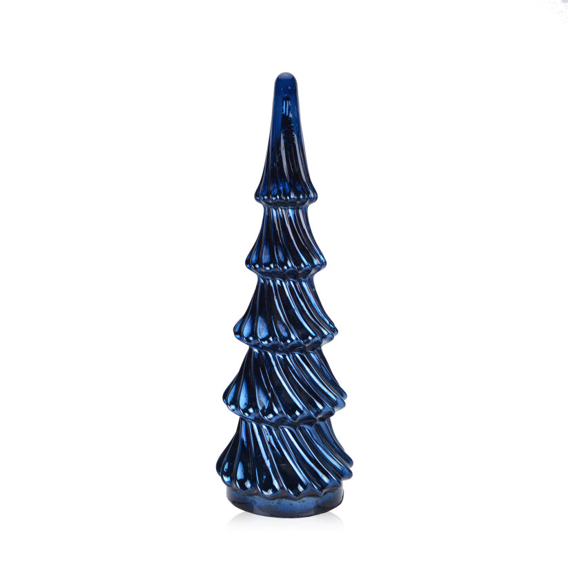 Blue four-tiered wavy artificial Christmas tree with shimmering ruffled branches