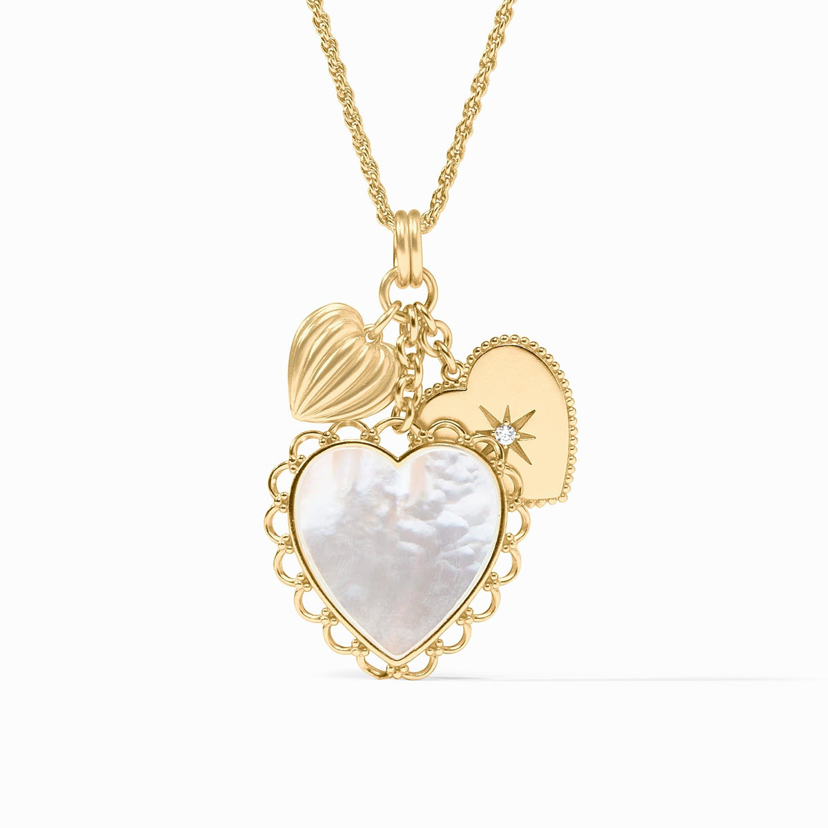 Heart Trio Charm Pendant in 24K gold plate with mother of pearl and a CZ star detail.