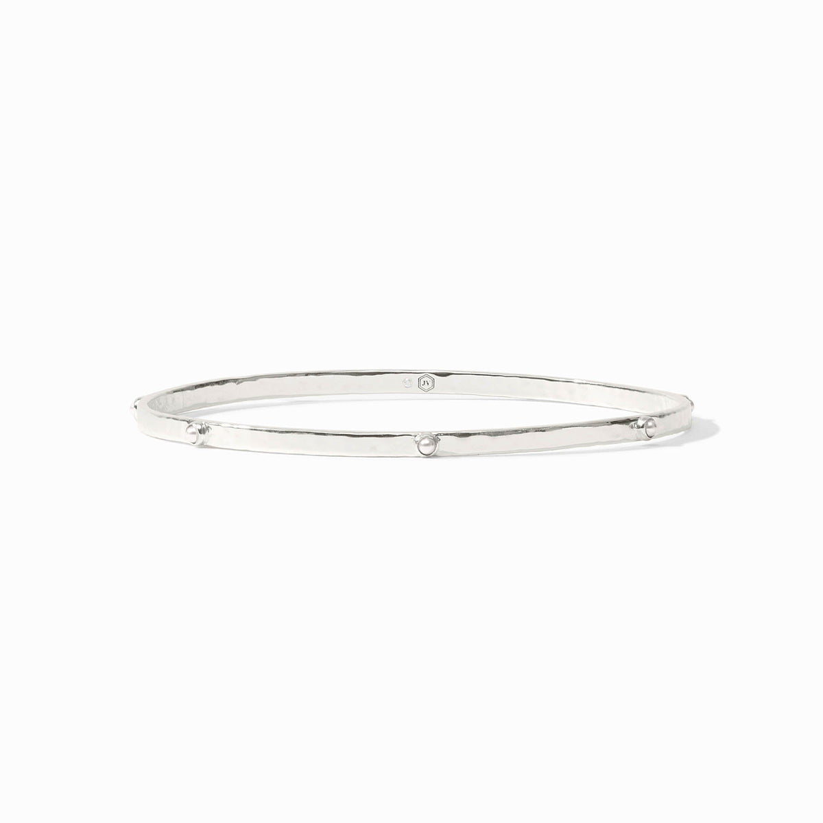 Slim silver Crescent Stone Bangle with a hammered texture and small circular stud accents.