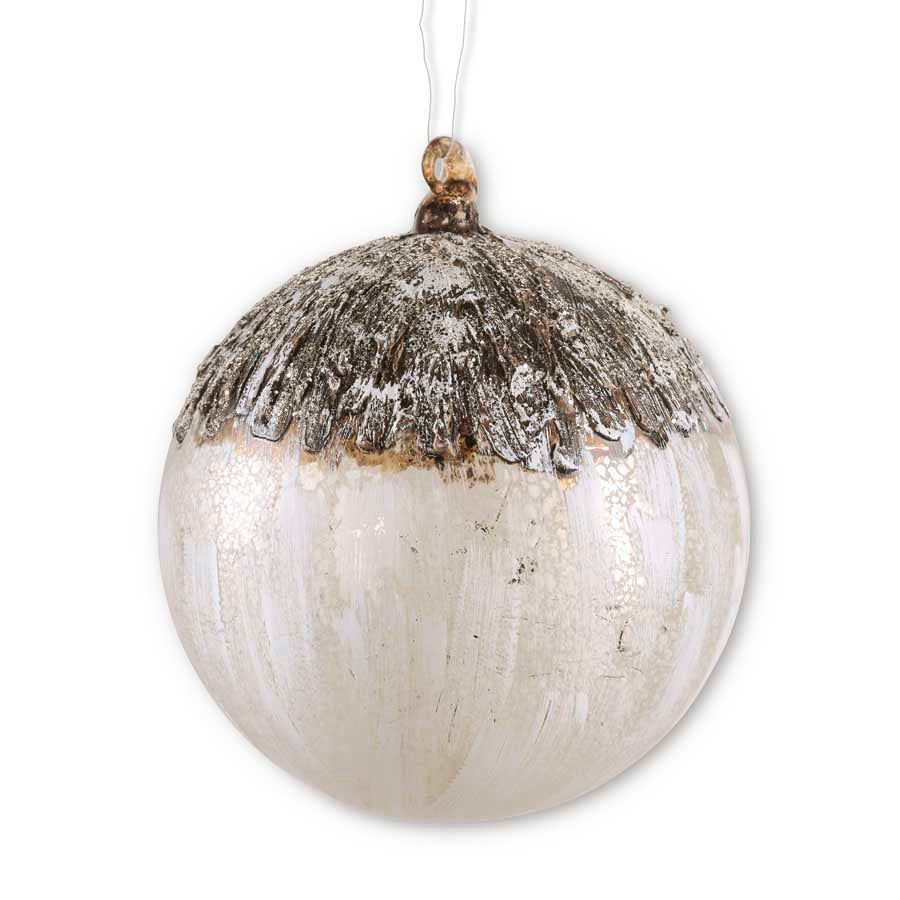 6 inch round glass ornament with a white crackle finish and a textured brown birch bark top.