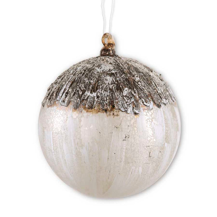6 inch round glass ornament with a white crackle finish and a textured brown birch bark top.