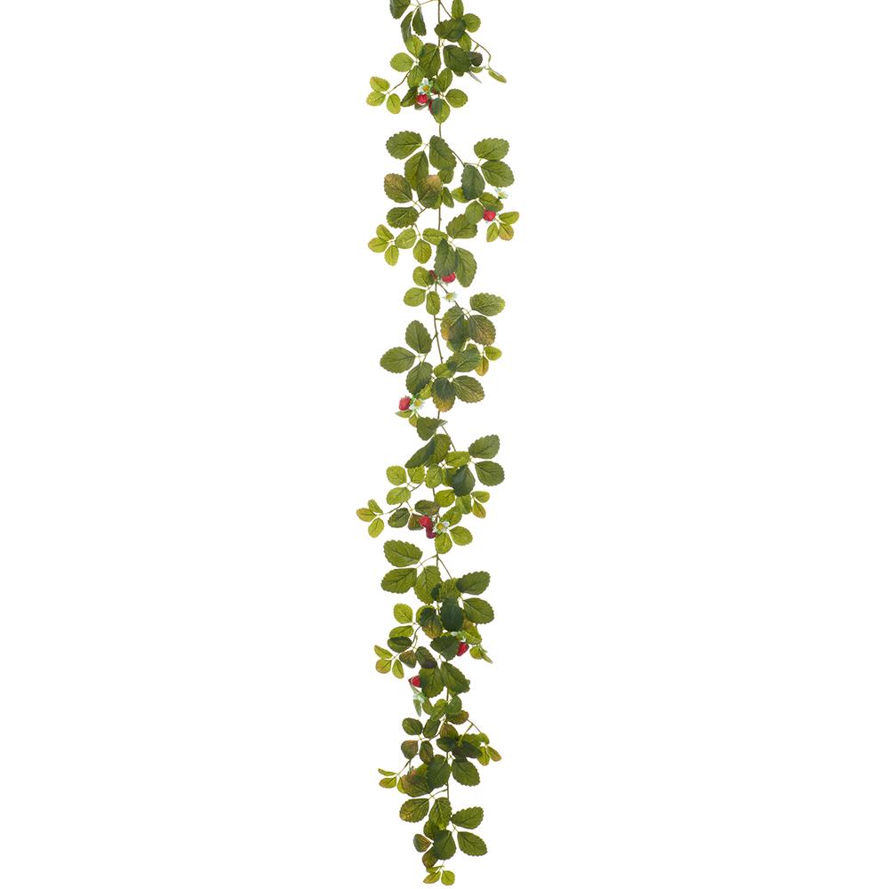 6-foot artificial strawberry leaf garland in green and red Eva plastic with iron wire support.