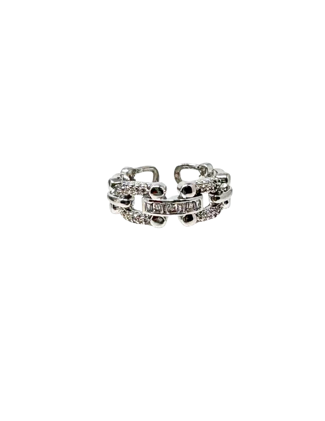 Silver chunky chain-link statement ring with pavé and baguette-cut clear crystals.