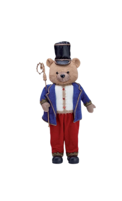 Plush nutcracker bear in a blue jacket, red pants, and black hat holding a gold scepter.