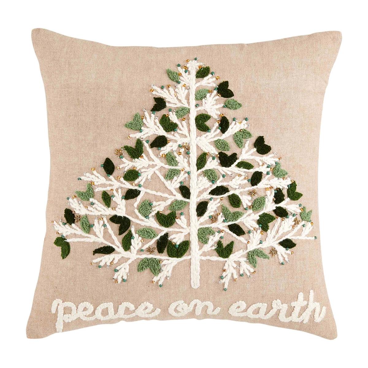 Square tree-shaped pillow with 'Peace On Earth' text on front; back is plain charcoal.