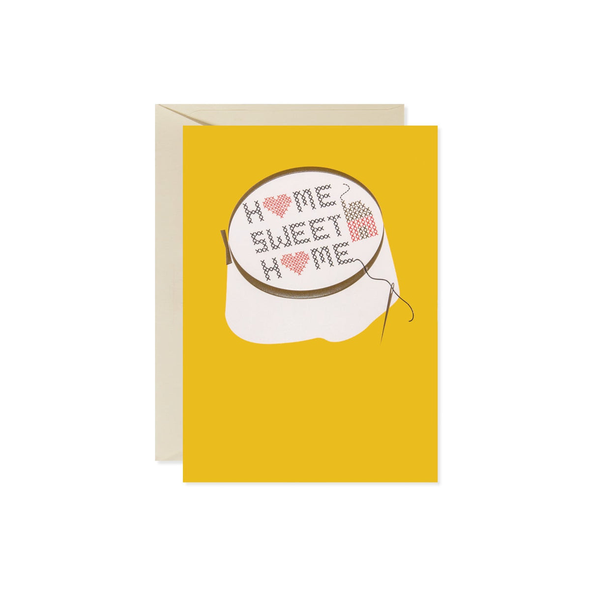 Yellow card with a cross-stitch hoop that says "HOME SWEET HOME" with red hearts.
