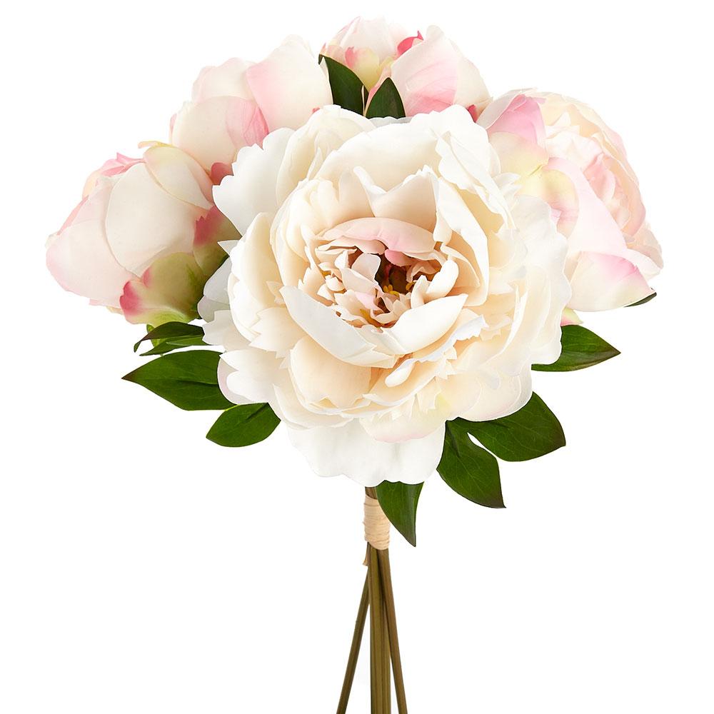 Bundle of six real touch peony stems in soft pink with green foliage