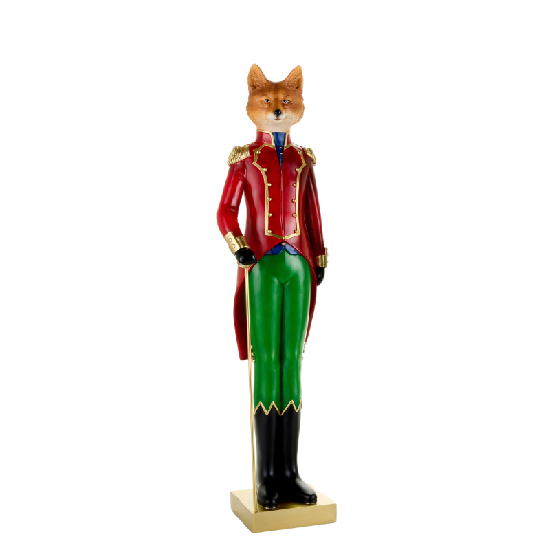 32-inch fox woodland soldier figurine in a red coat, green pants, and black boots on a gold base.