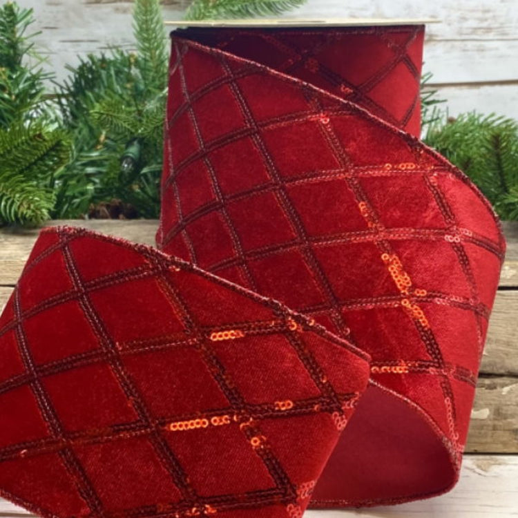 4 inch by 10 yards red velvet ribbon with a sequined harlequin diamond pattern.