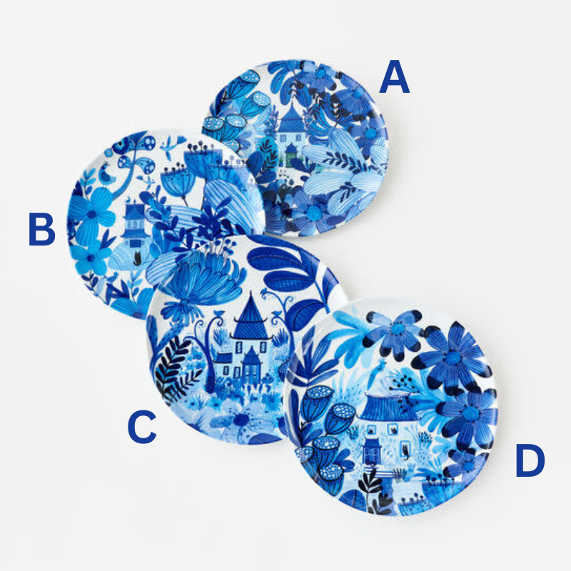 Blue and white melamine plate featuring a chinoiserie hand-painted pattern with floral motifs.