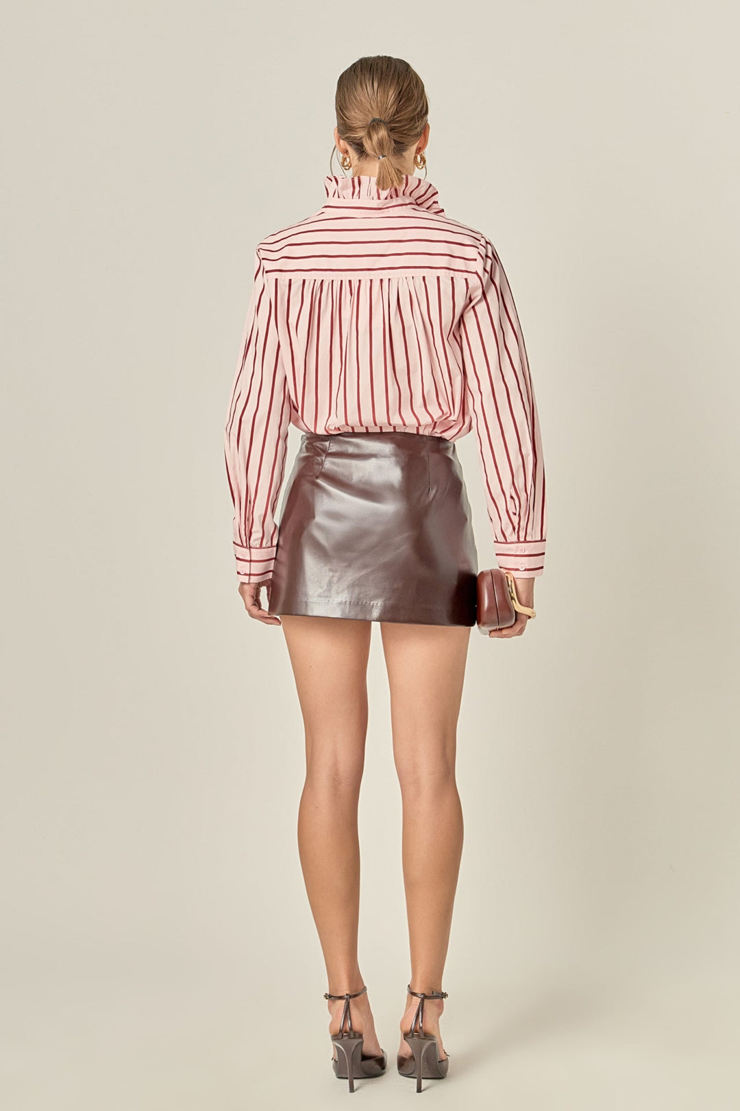 Leah ruffled stripe button-up shirt in white cotton with long sleeves, front buttons, and back yoke shirring.