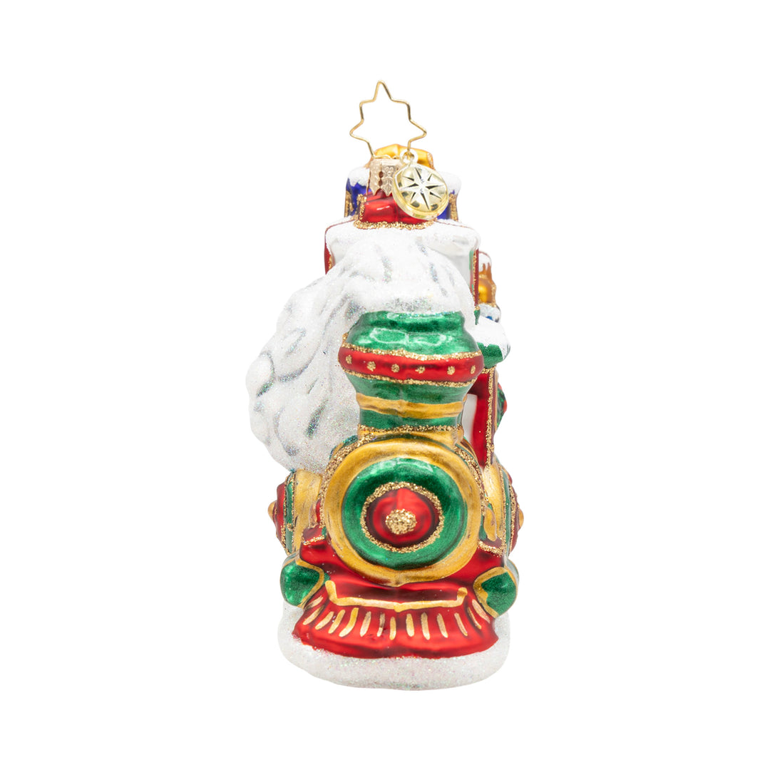 Front view of the Yuletide Express glass train ornament with red, green, and gold glitter details.