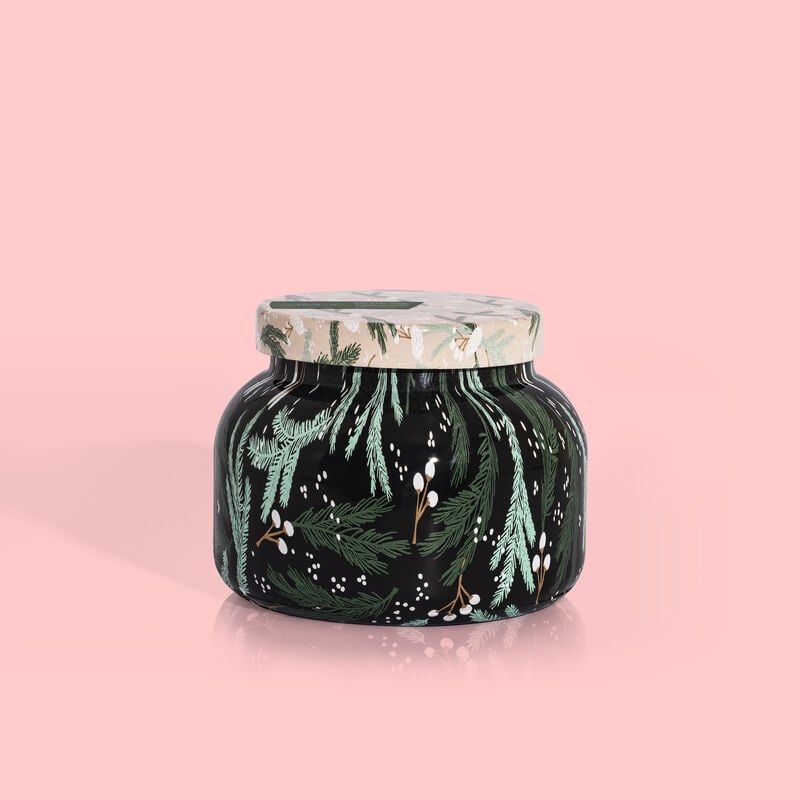 Crystal Pine Pattern Play Jar candle in a clear glass jar with a pine-patterned label.