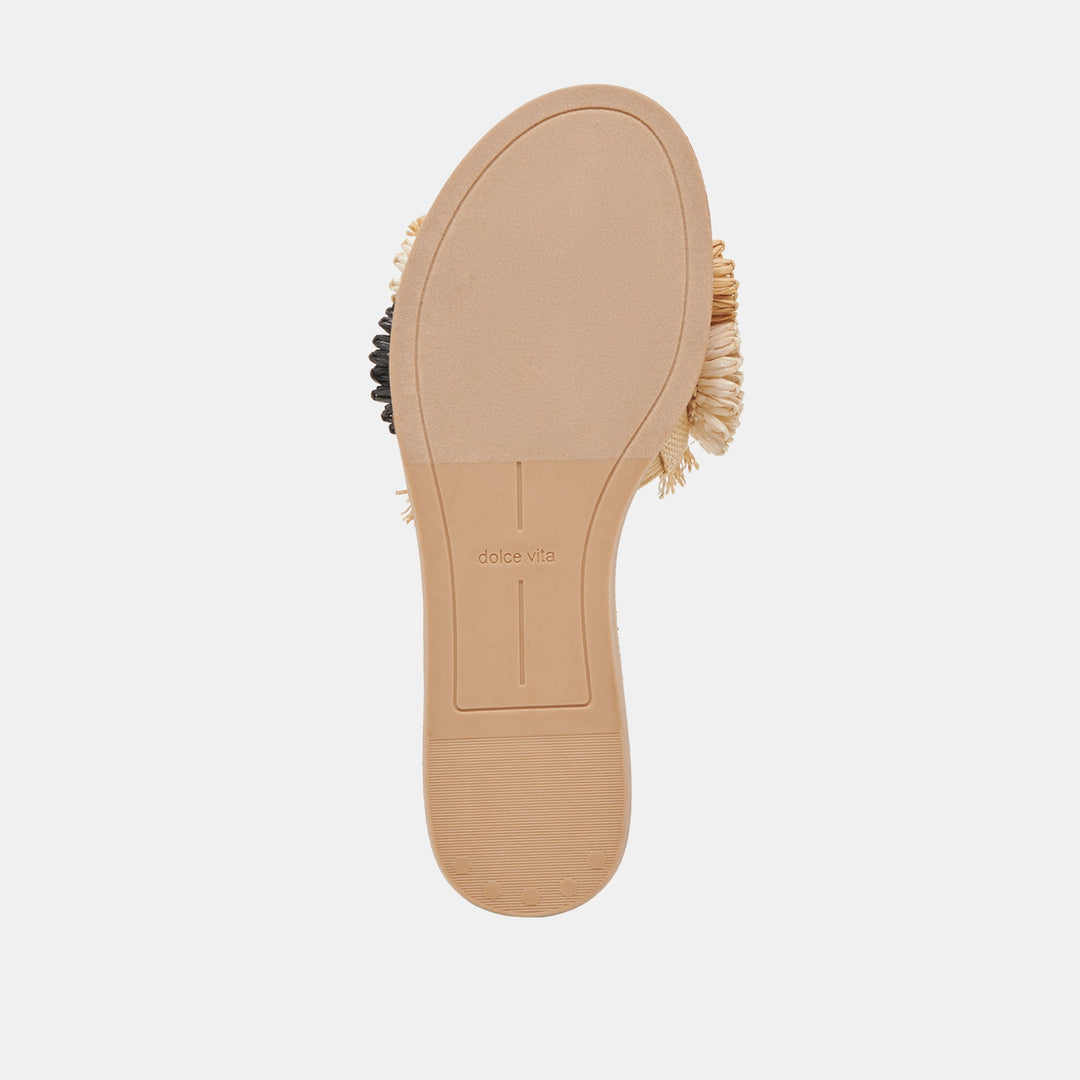 Bottom view of a Danela sandal showing the tan synthetic outsole with the Dolce Vita logo.