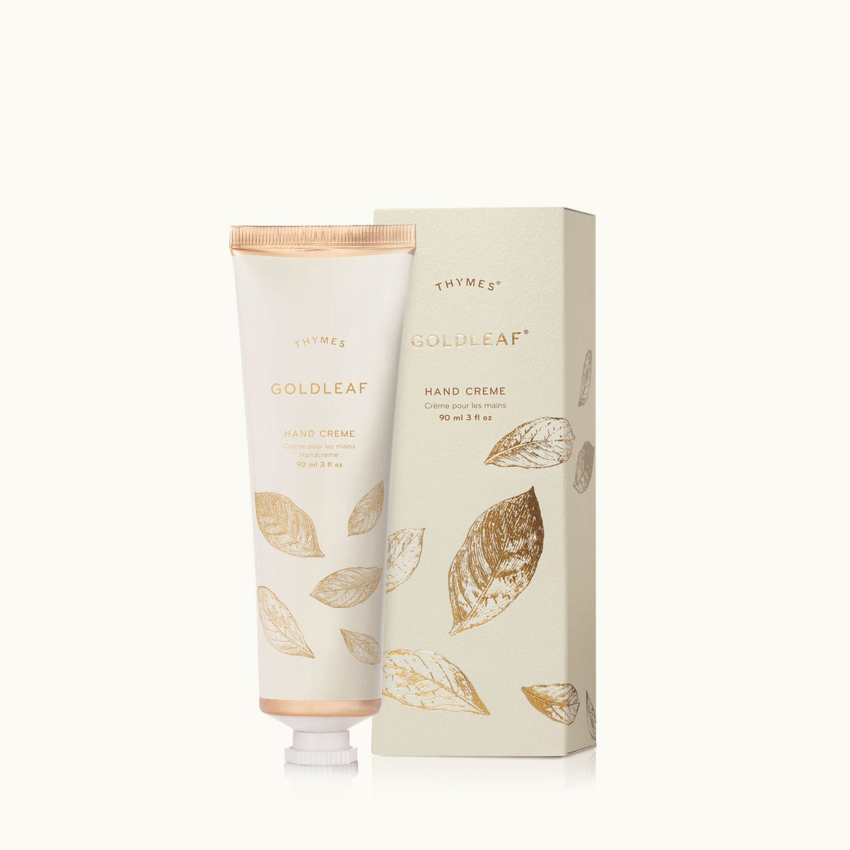 Thymes Goldleaf Hand Creme 3 oz tube and matching box with gold leaf illustrations.