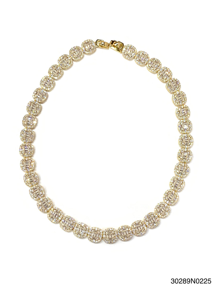 Emma Tennis Necklace featuring gold-tone links with emerald-cut and round CZ stones.