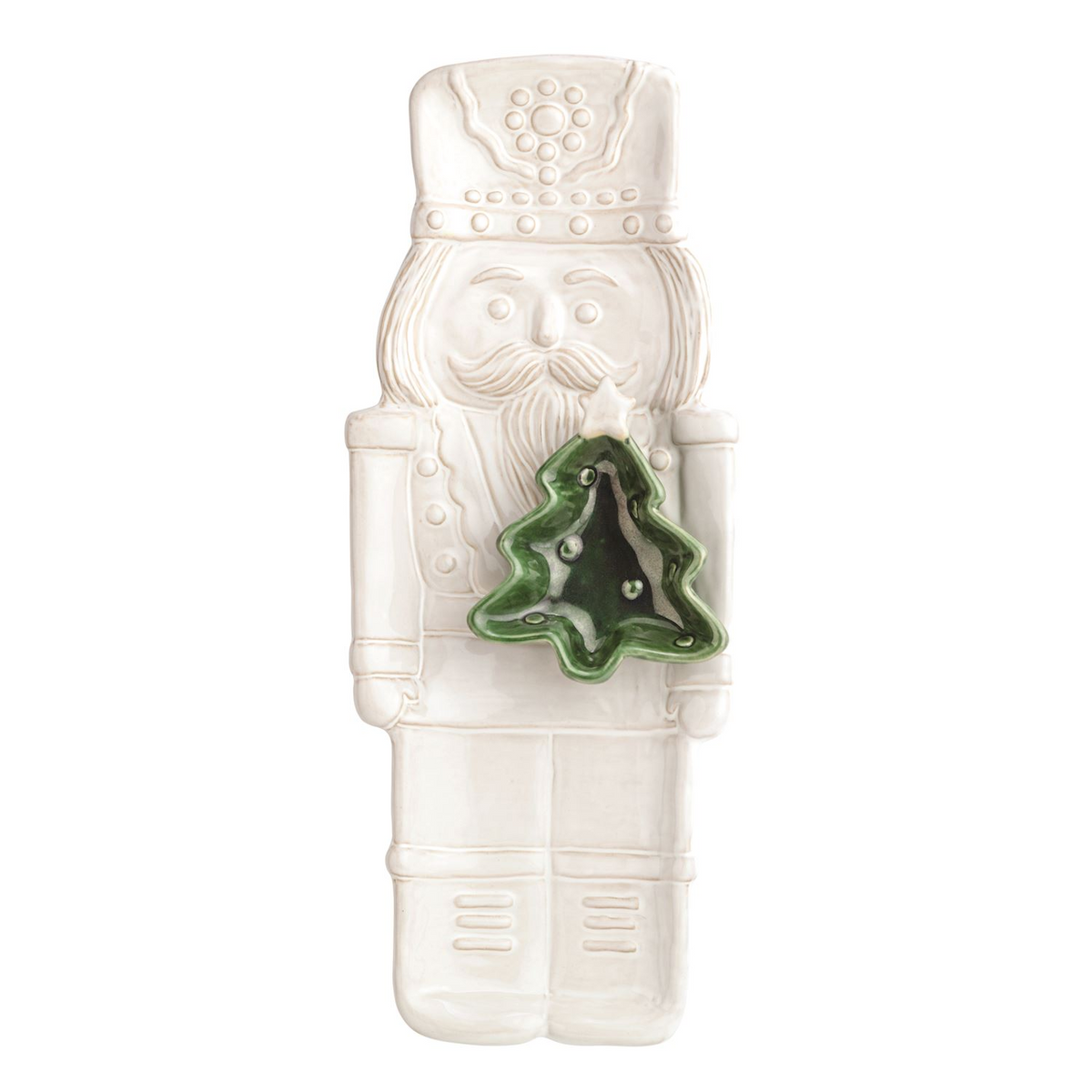 White stoneware nutcracker serving platter with a green Christmas tree-shaped dip well.
