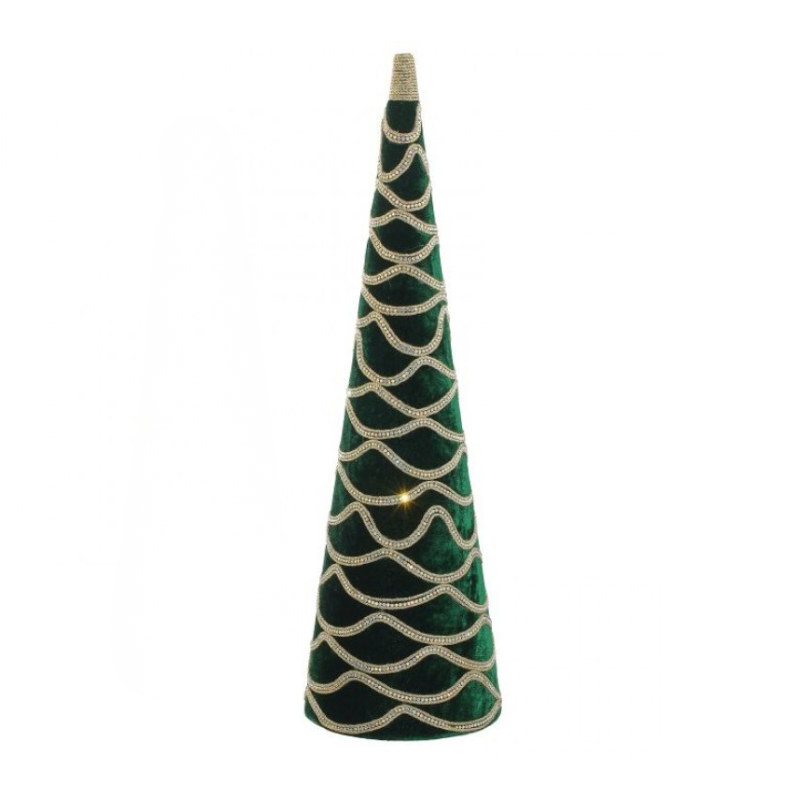 Green velvet cone tree with shimmering gold jewel wave patterns.