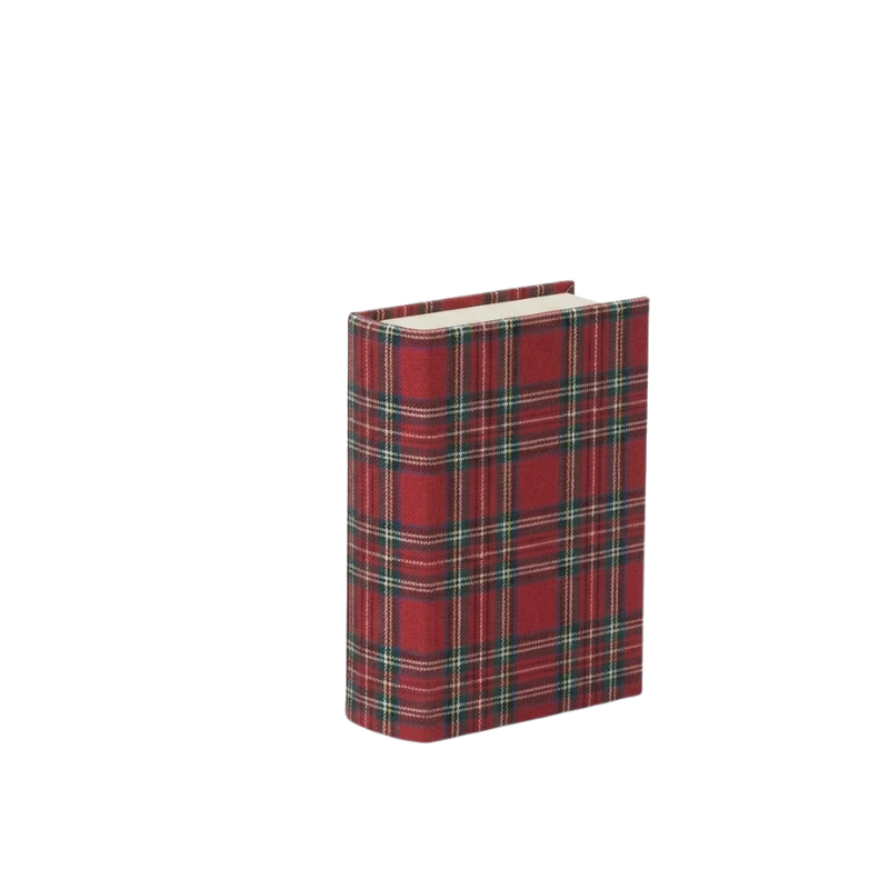 Red Christmas plaid book box with a fabric-wrapped tartan exterior and textured page edges.