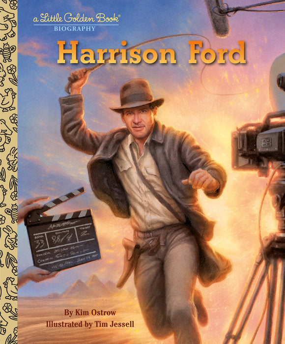 Harrison Ford biography book with golden cover featuring actor portraits.