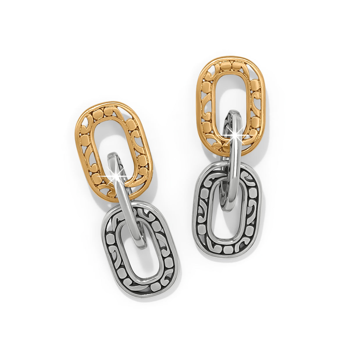 Contempo Linx Duo two-tone post drop earrings with interlocking silver and gold oval links.