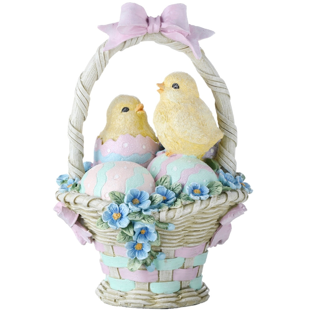 Resin Easter basket figurine with two yellow chicks, pastel eggs, blue flowers, and a pink bow.
