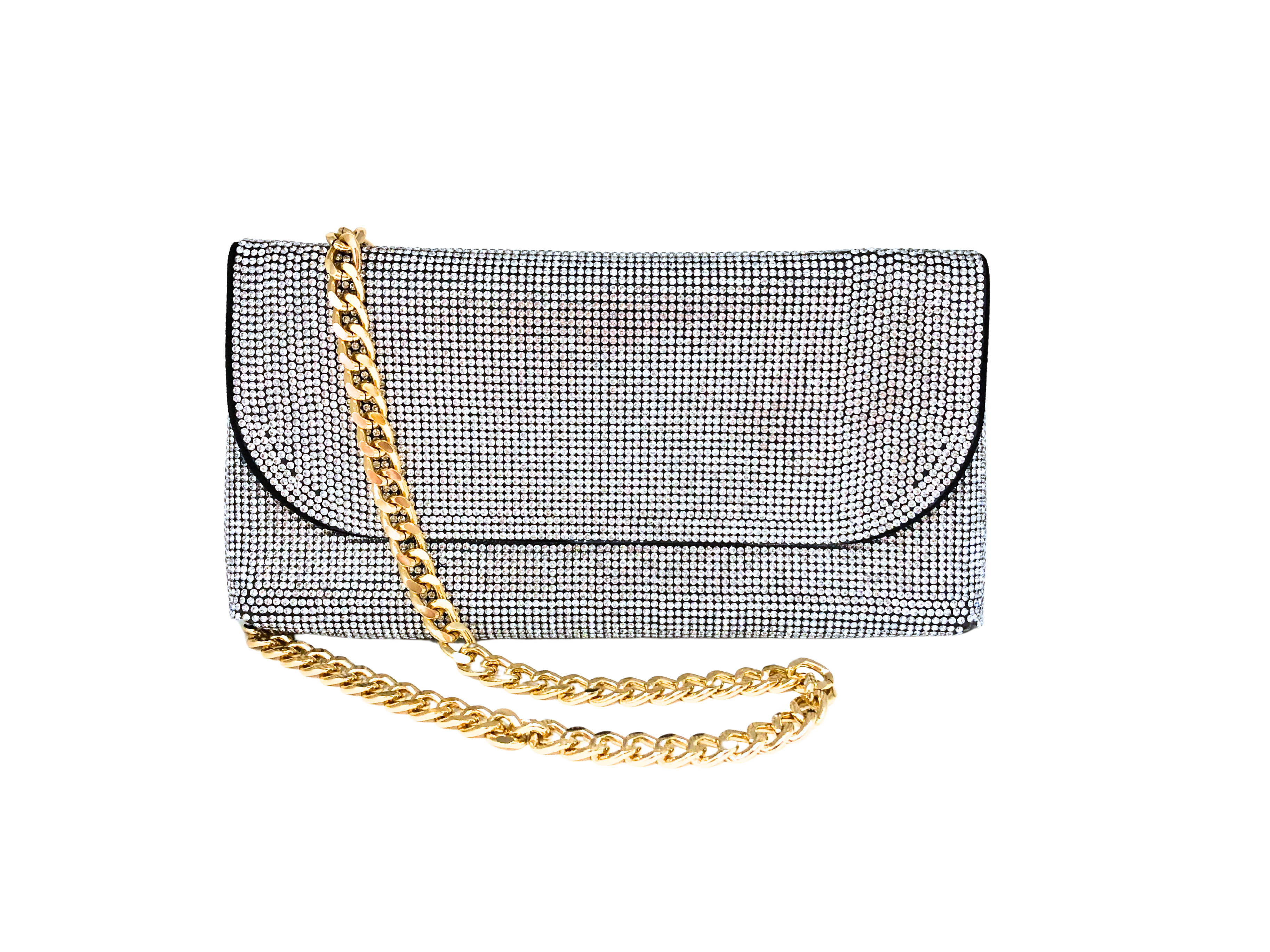 A rectangular clutch covered in silver rhinestones with a chunky gold chain strap.