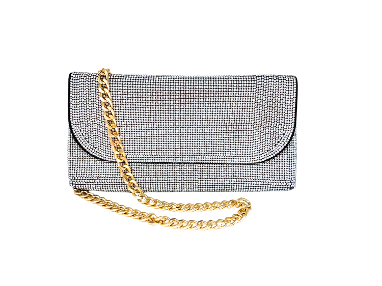 A rectangular clutch covered in silver rhinestones with a chunky gold chain strap.
