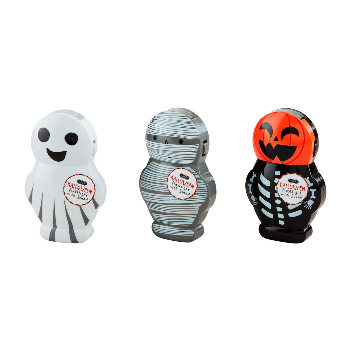 Three Halloween musical flashlights shaped like a white ghost, a grey mummy, and a pumpkin skeleton.