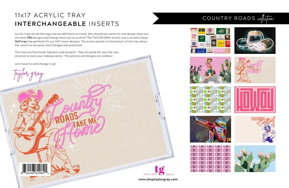 Acrylic tray insert set with Country Roads country-themed printed designs.