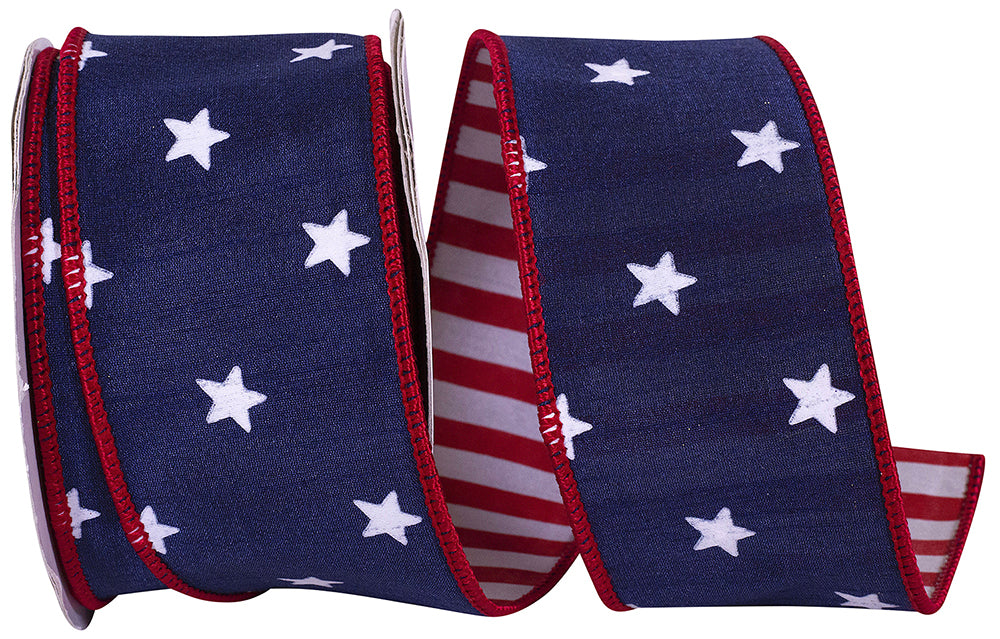 Navy dupioni ribbon with red wired edge backing in a striped pattern
