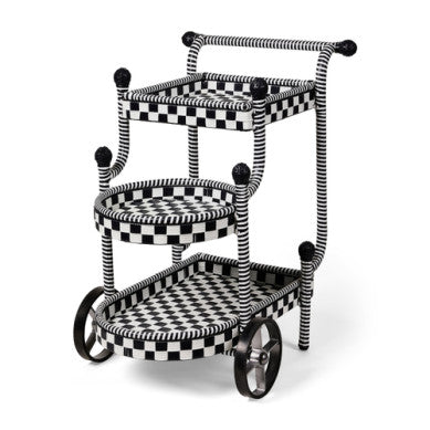 Aluminum outdoor bar cart with plastic wicker shelves in a natural woven pattern.