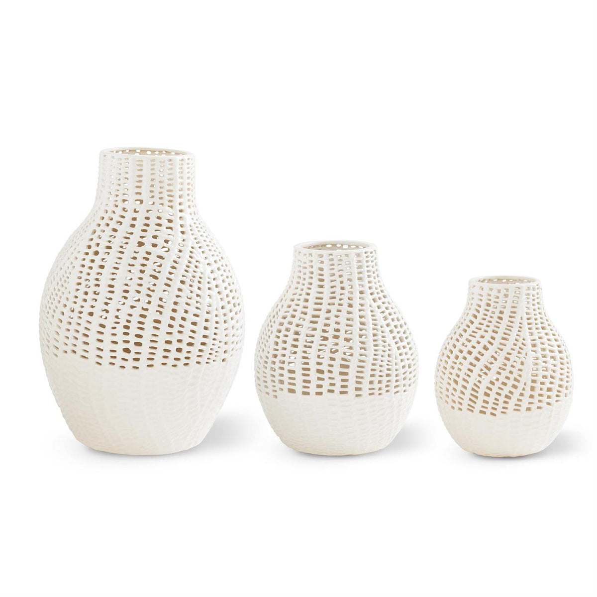 White ceramic vase with basket weave texture