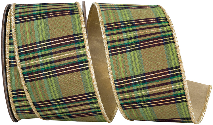 Willow green plaid metallic dupioni wired edge ribbon with gold trim.