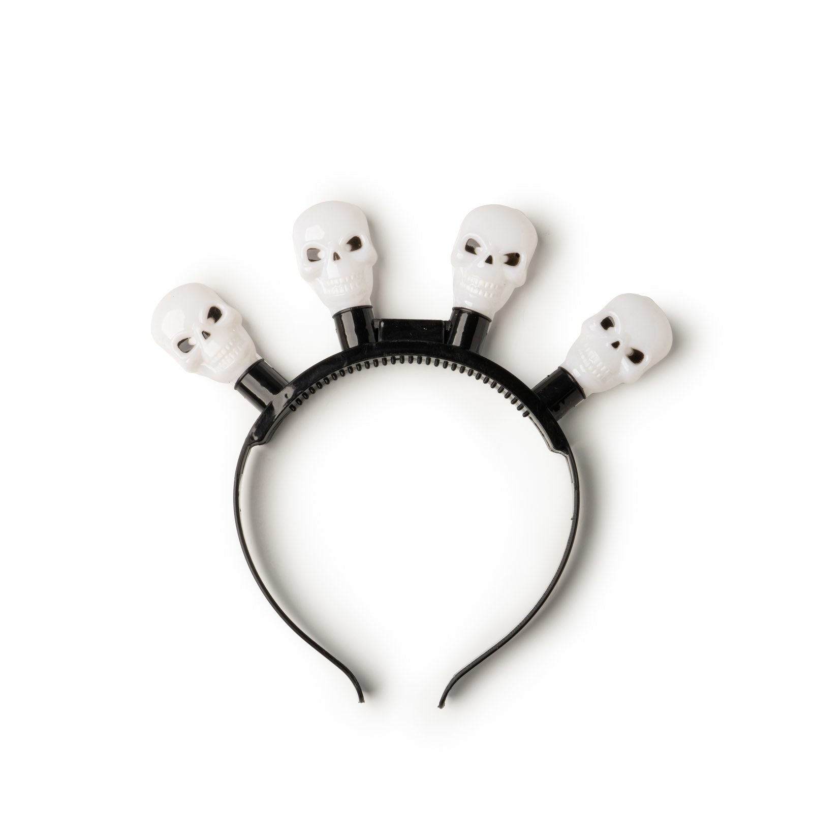 Black headband with four white skull-shaped LED lights for Halloween.