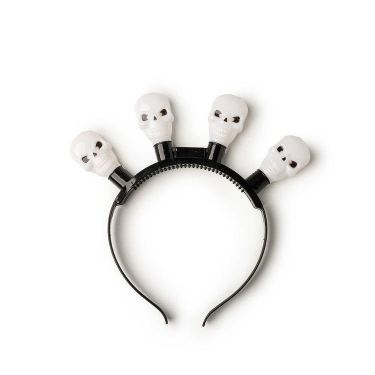 Black headband with four white skull-shaped LED lights for Halloween.