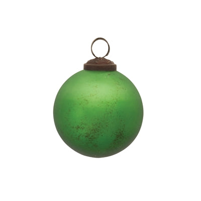 Glass green ball ornament with a smooth spherical shape.