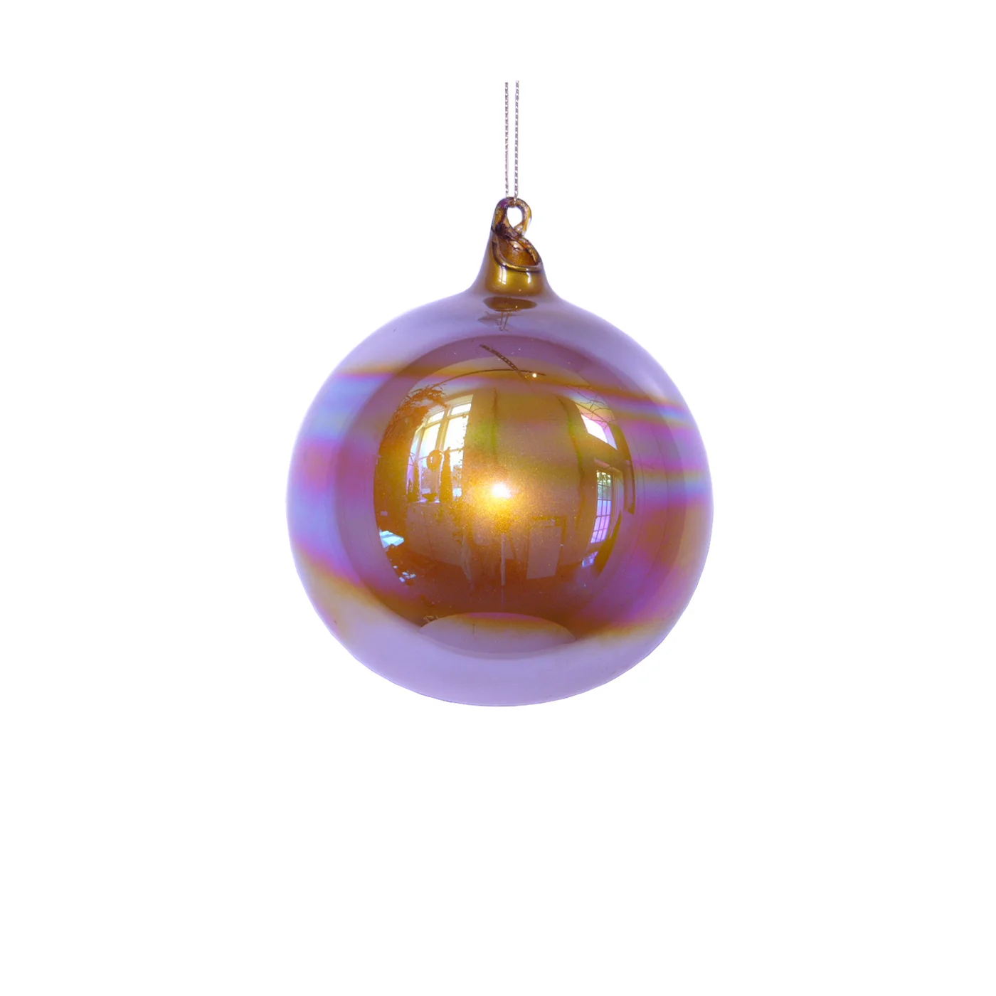 120mm burnish gold glass ball ornament with a pearlized iridescent finish and hanging loop.